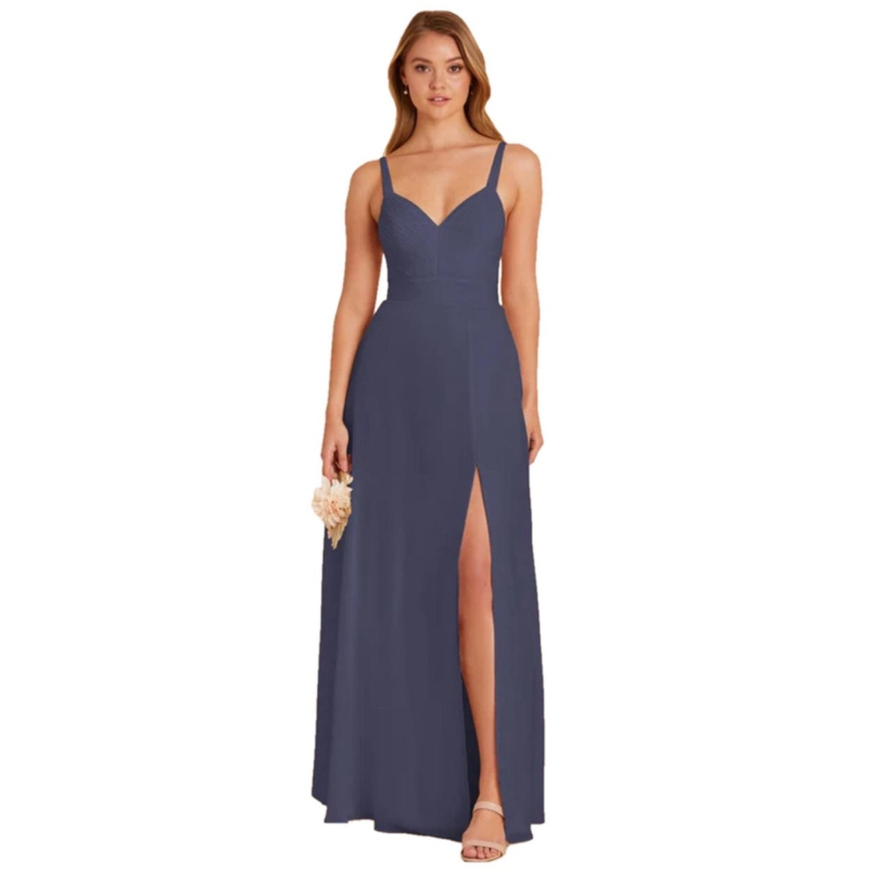 Birdy Grey Slate Blue Maxi Dress Flowy Chiffon Slit Adjustable Cap Sleeve Size S